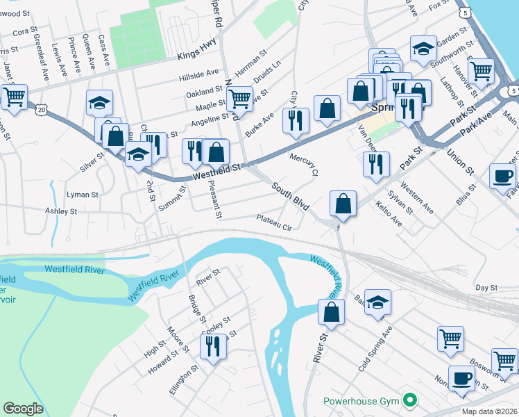map of restaurants, bars, coffee shops, grocery stores, and more near 42 Worthy Avenue in West Springfield