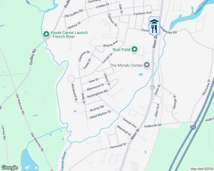 map of restaurants, bars, coffee shops, grocery stores, and more near 18 Sherwood Drive in Oxford