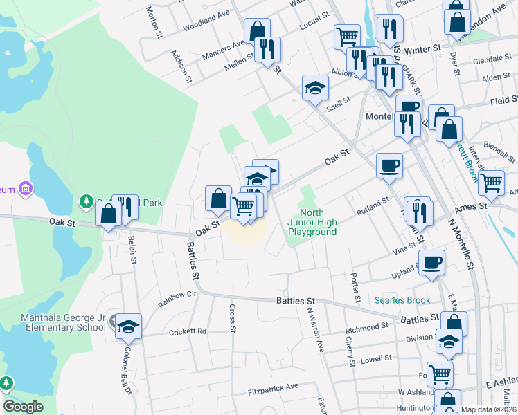 map of restaurants, bars, coffee shops, grocery stores, and more near 148 Oak Street in Brockton