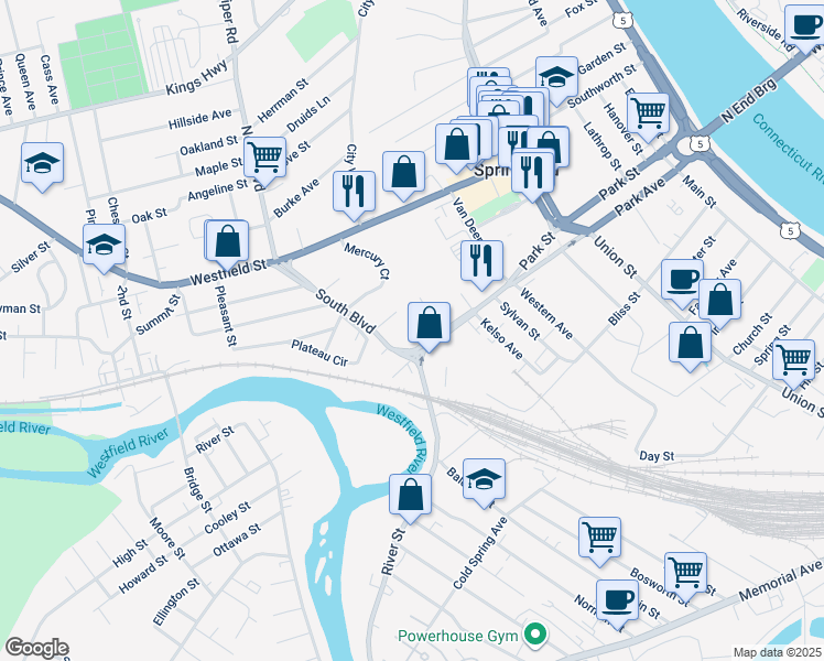 map of restaurants, bars, coffee shops, grocery stores, and more near 372 Park Street in West Springfield
