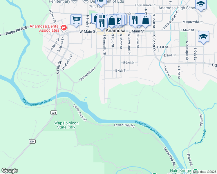 map of restaurants, bars, coffee shops, grocery stores, and more near 699-601 South Ford Street in Anamosa