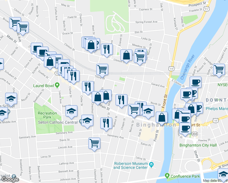 map of restaurants, bars, coffee shops, grocery stores, and more near 48 North Street in Binghamton