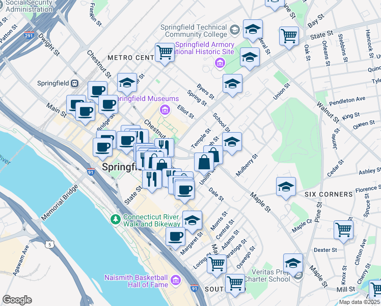 map of restaurants, bars, coffee shops, grocery stores, and more near 2 Temple Street in Springfield