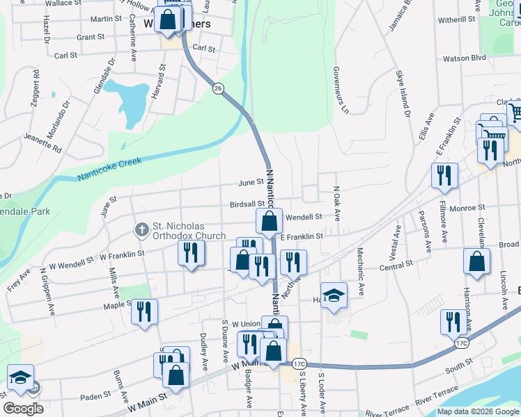 map of restaurants, bars, coffee shops, grocery stores, and more near 106 Birdsall Street in Endicott