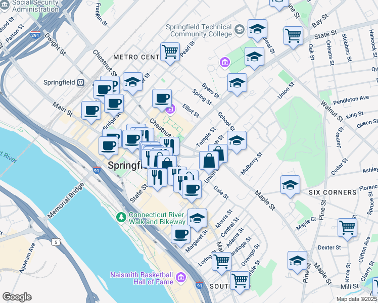 map of restaurants, bars, coffee shops, grocery stores, and more near 175 State Street in Springfield