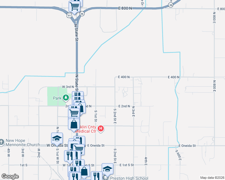 map of restaurants, bars, coffee shops, grocery stores, and more near 277 North 2nd East in Preston