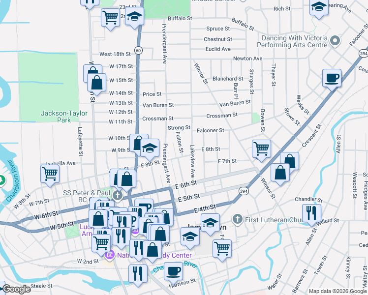 map of restaurants, bars, coffee shops, grocery stores, and more near 212 Fulton Street in Jamestown