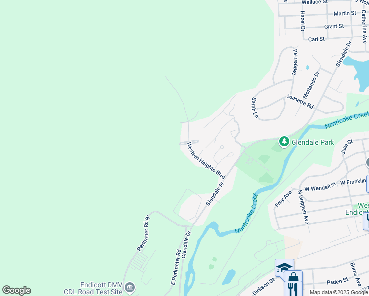 map of restaurants, bars, coffee shops, grocery stores, and more near 5 Denver Court West in Endicott
