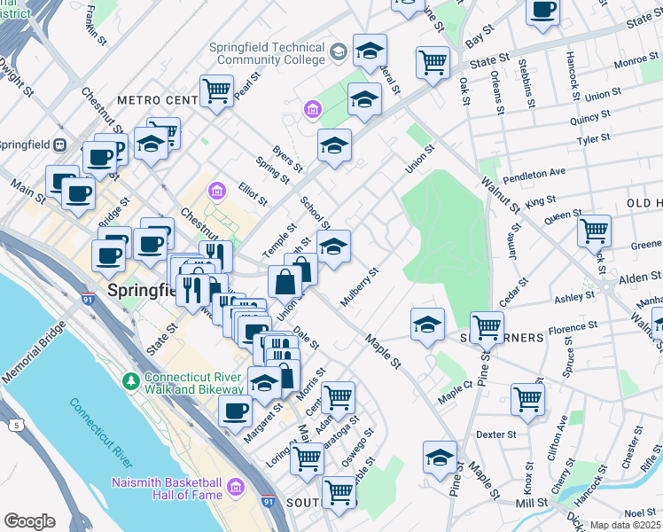 map of restaurants, bars, coffee shops, grocery stores, and more near 263 Union Street in Springfield