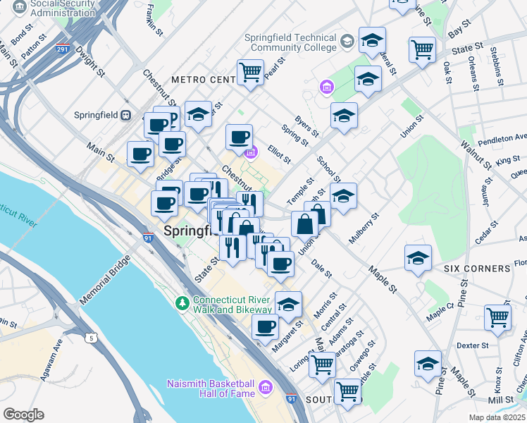 map of restaurants, bars, coffee shops, grocery stores, and more near 175 State Street in Springfield