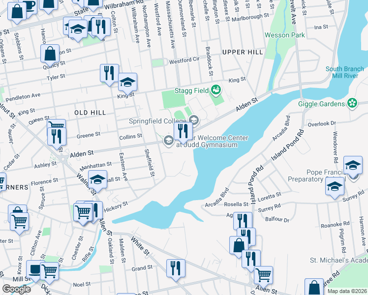 map of restaurants, bars, coffee shops, grocery stores, and more near 263 Alden Street in Springfield