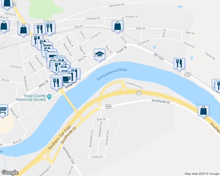 map of restaurants, bars, coffee shops, grocery stores, and more near 290 Lackawanna Avenue in Owego