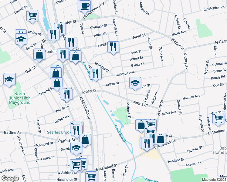 map of restaurants, bars, coffee shops, grocery stores, and more near 158 Ames Street in Brockton