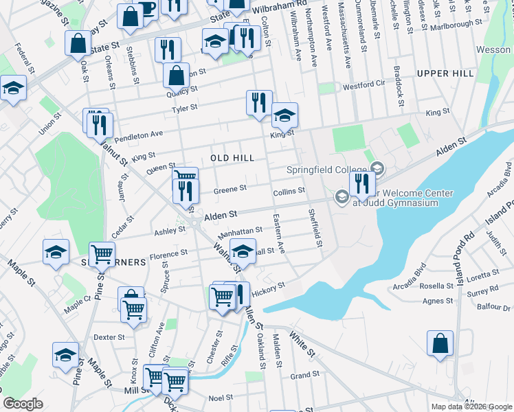 map of restaurants, bars, coffee shops, grocery stores, and more near 80 Alden Street in Springfield