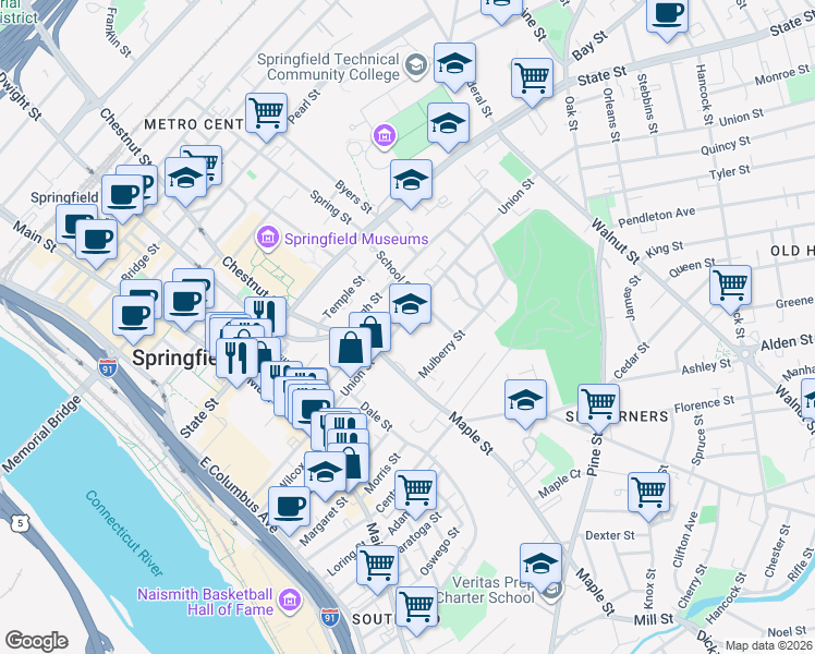 map of restaurants, bars, coffee shops, grocery stores, and more near 263 Union Street in Springfield