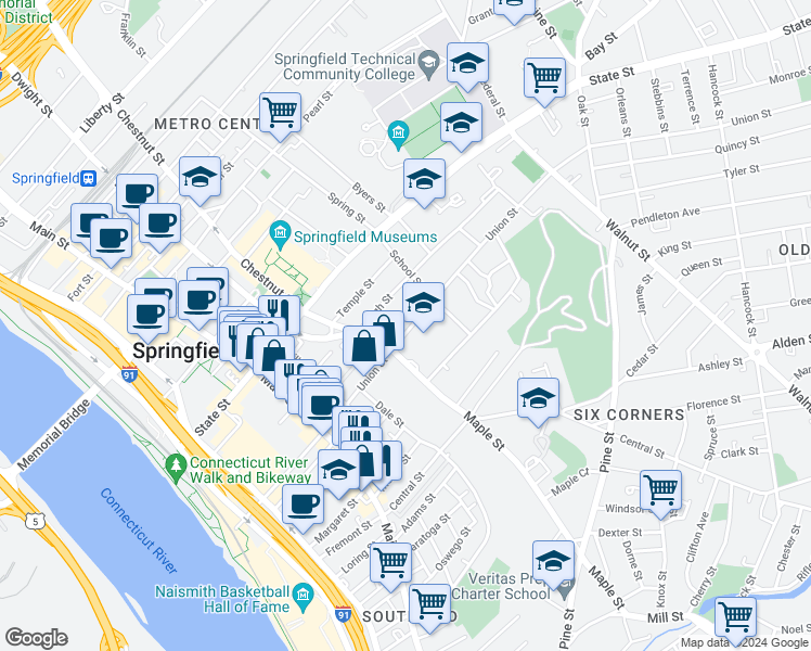 map of restaurants, bars, coffee shops, grocery stores, and more near 263 Union Street in Springfield