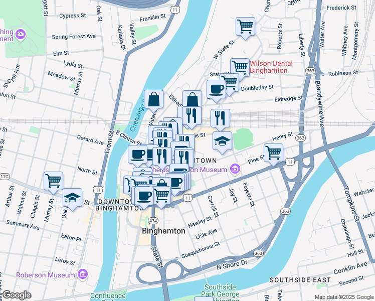 map of restaurants, bars, coffee shops, grocery stores, and more near in Binghamton