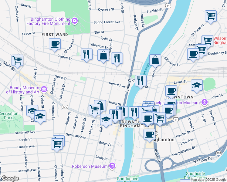map of restaurants, bars, coffee shops, grocery stores, and more near 152 Oak Street in Binghamton