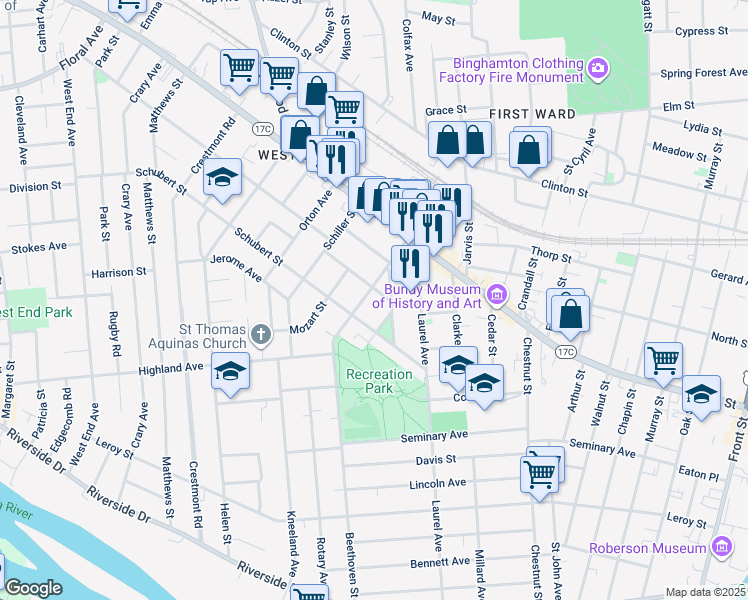 map of restaurants, bars, coffee shops, grocery stores, and more near 13 Haendel Street in Binghamton