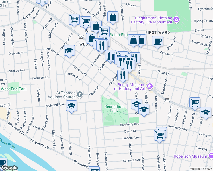 map of restaurants, bars, coffee shops, grocery stores, and more near 123 Beethoven Street in Binghamton