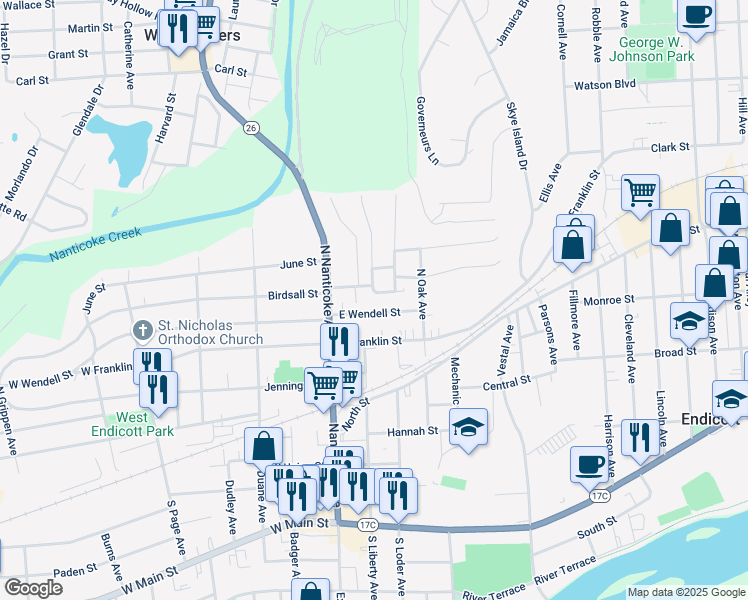 map of restaurants, bars, coffee shops, grocery stores, and more near 121 East Wendell Street in Endicott