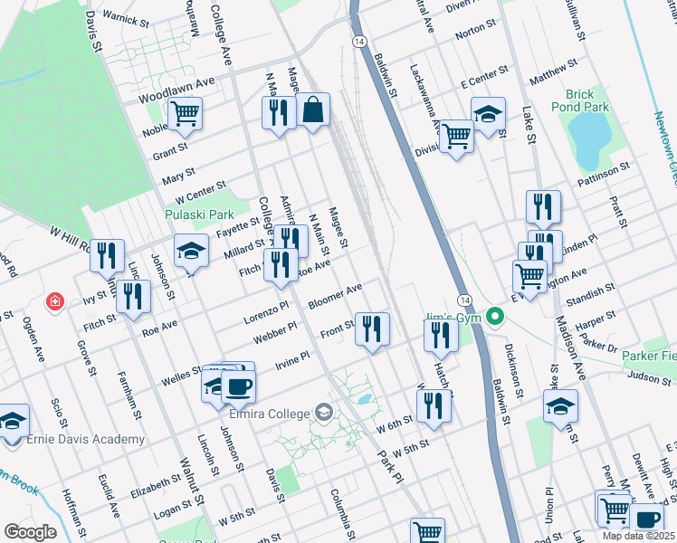 map of restaurants, bars, coffee shops, grocery stores, and more near 1007 N Main St in Elmira