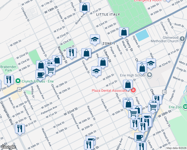 map of restaurants, bars, coffee shops, grocery stores, and more near 2823 Cascade Street in Erie