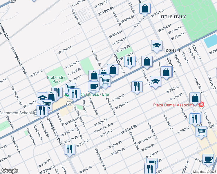 map of restaurants, bars, coffee shops, grocery stores, and more near 1164 West 27th Street in Erie