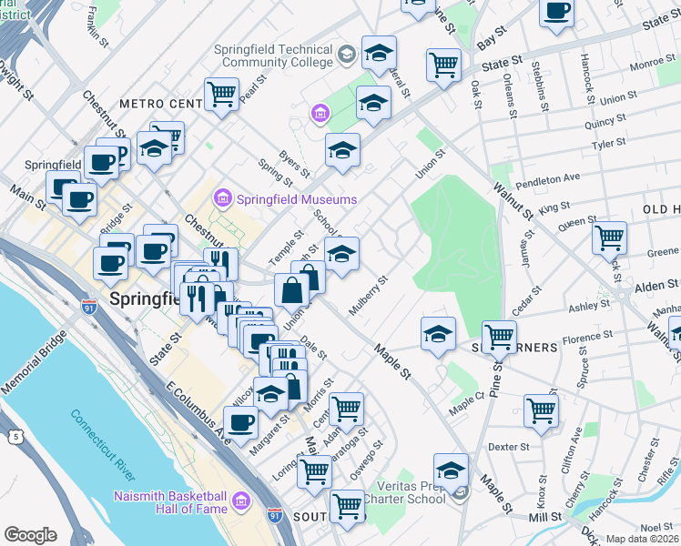 map of restaurants, bars, coffee shops, grocery stores, and more near 263 Union Street in Springfield