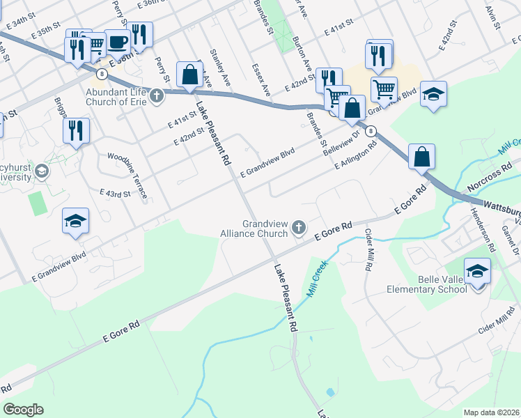 map of restaurants, bars, coffee shops, grocery stores, and more near 4711 Lake Pleasant Rd in Erie