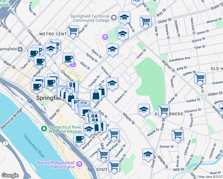 map of restaurants, bars, coffee shops, grocery stores, and more near 263 Union Street in Springfield