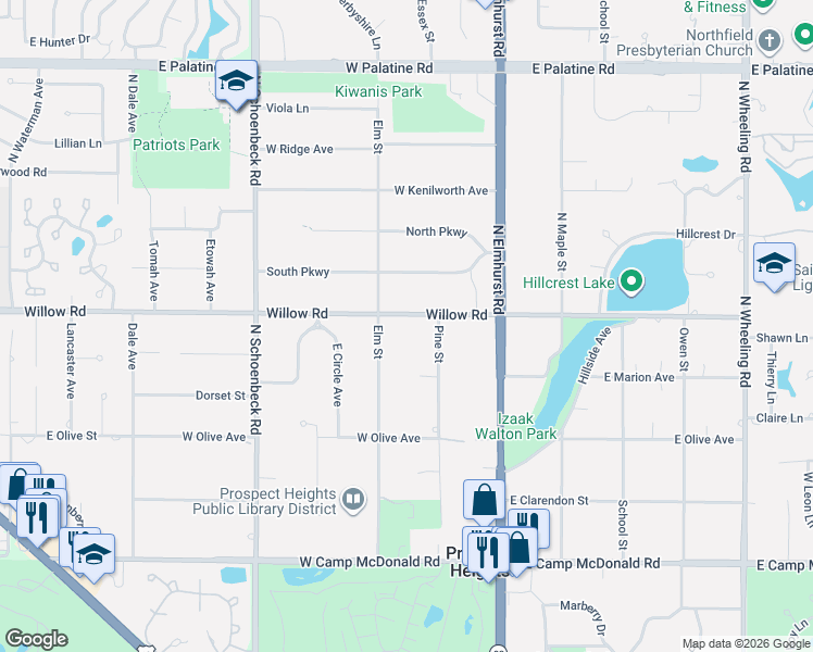 map of restaurants, bars, coffee shops, grocery stores, and more near 107 West Willow Road in Prospect Heights