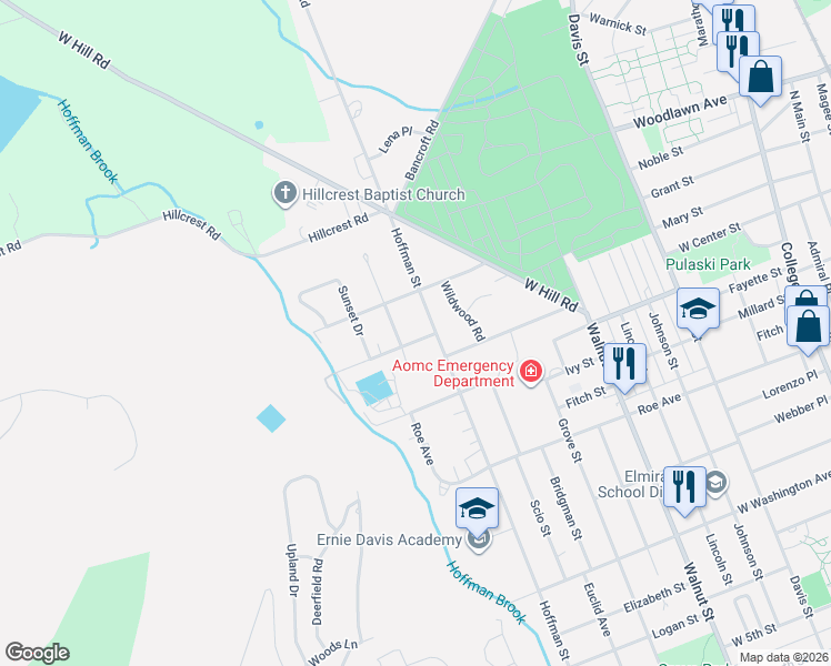 map of restaurants, bars, coffee shops, grocery stores, and more near 704 Reservoir Street in Elmira