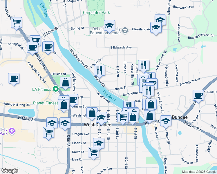 map of restaurants, bars, coffee shops, grocery stores, and more near 600 Water Street in East Dundee