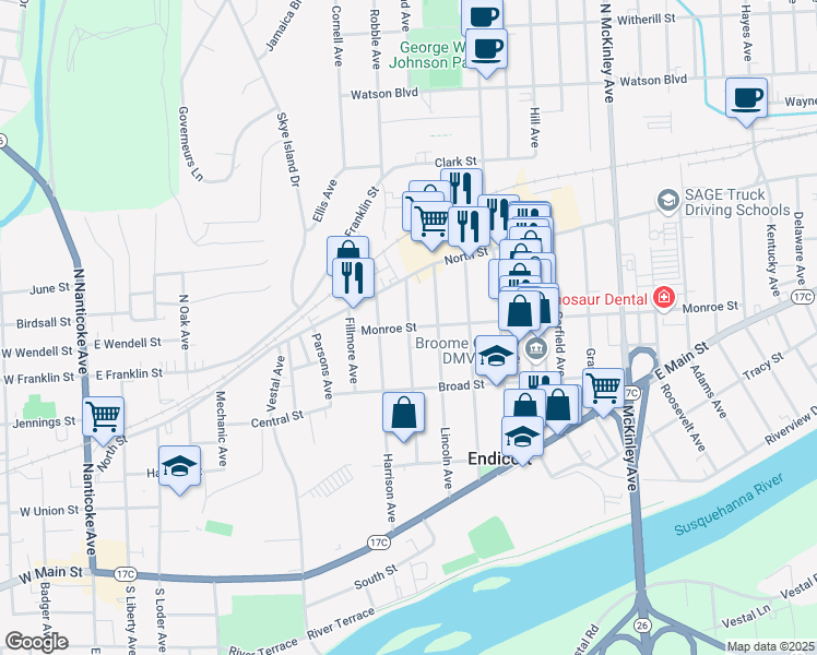 map of restaurants, bars, coffee shops, grocery stores, and more near Monroe Street & Cleveland Avenue in Endicott