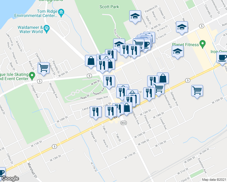 map of restaurants, bars, coffee shops, grocery stores, and more near 1001 Peninsula Drive in Erie