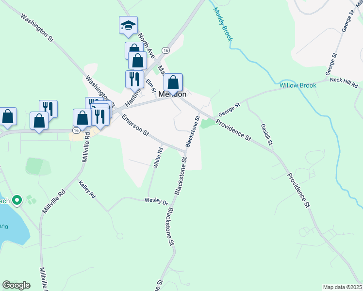 map of restaurants, bars, coffee shops, grocery stores, and more near 26 Emerson Street in Mendon