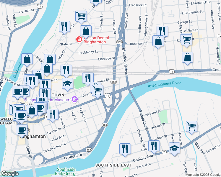map of restaurants, bars, coffee shops, grocery stores, and more near 249 Court Street in Binghamton