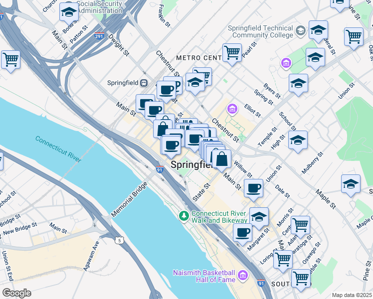 map of restaurants, bars, coffee shops, grocery stores, and more near 1386 Main Street in Springfield