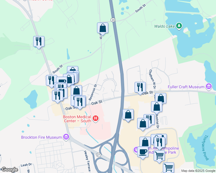 map of restaurants, bars, coffee shops, grocery stores, and more near 469 Pine Grove Drive in Brockton