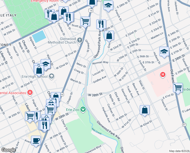 map of restaurants, bars, coffee shops, grocery stores, and more near 250 Gridley Avenue in Erie
