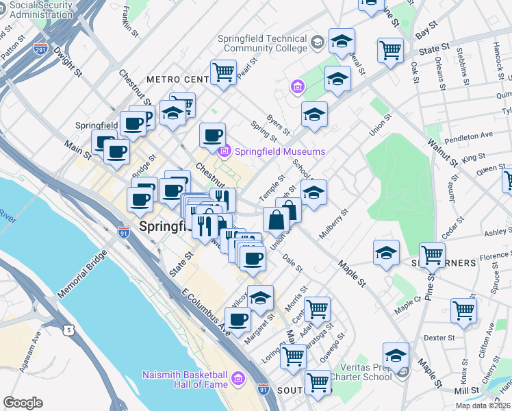 map of restaurants, bars, coffee shops, grocery stores, and more near 6 Temple Street in Springfield