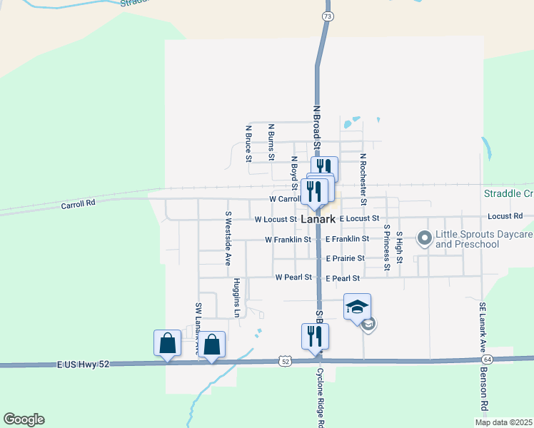 map of restaurants, bars, coffee shops, grocery stores, and more near 300-398 West Locust Street in Lanark