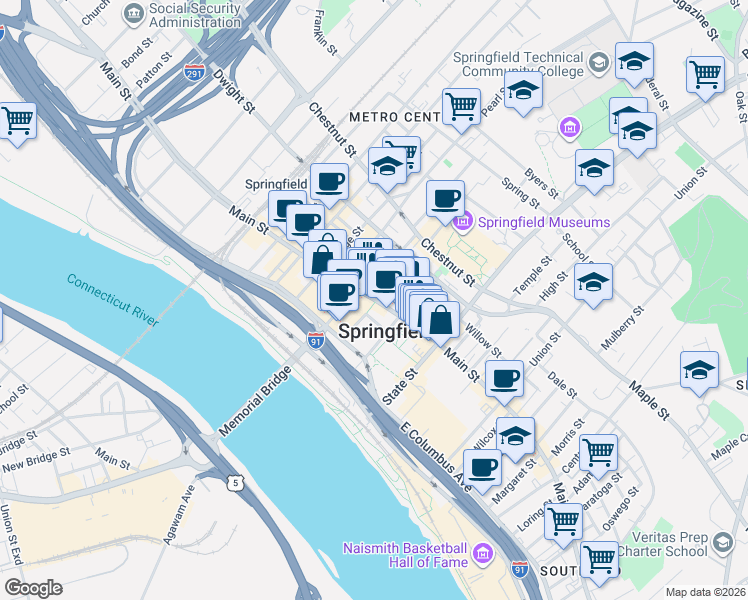 map of restaurants, bars, coffee shops, grocery stores, and more near 1380 Main Street in Springfield