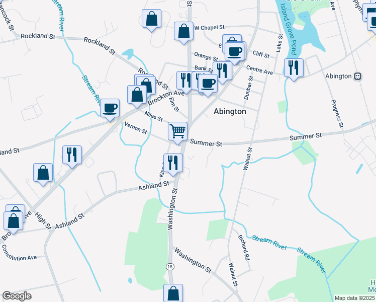 map of restaurants, bars, coffee shops, grocery stores, and more near 325 Washington Street in Abington