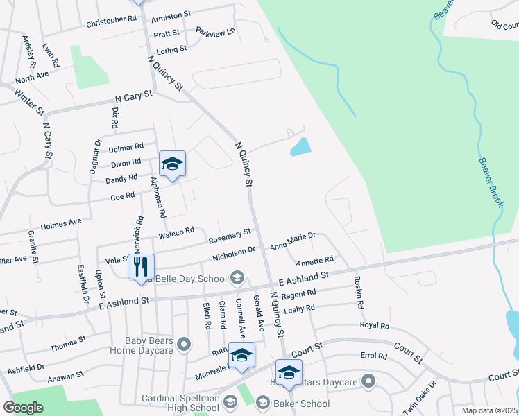 map of restaurants, bars, coffee shops, grocery stores, and more near 196 North Quincy Street in Brockton