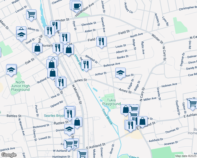 map of restaurants, bars, coffee shops, grocery stores, and more near 158 Ames Street in Brockton