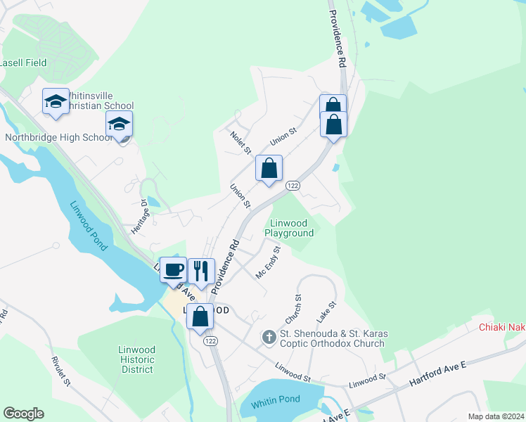 map of restaurants, bars, coffee shops, grocery stores, and more near 192 Providence Road in Northbridge