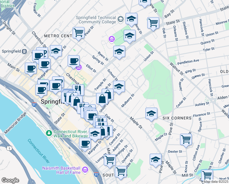 map of restaurants, bars, coffee shops, grocery stores, and more near 263 Union Street in Springfield