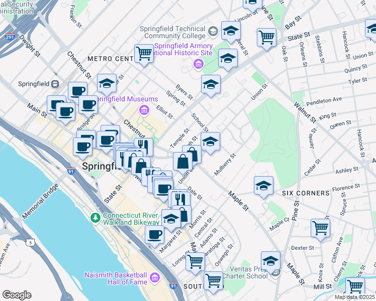map of restaurants, bars, coffee shops, grocery stores, and more near 77 Maple Street in Springfield